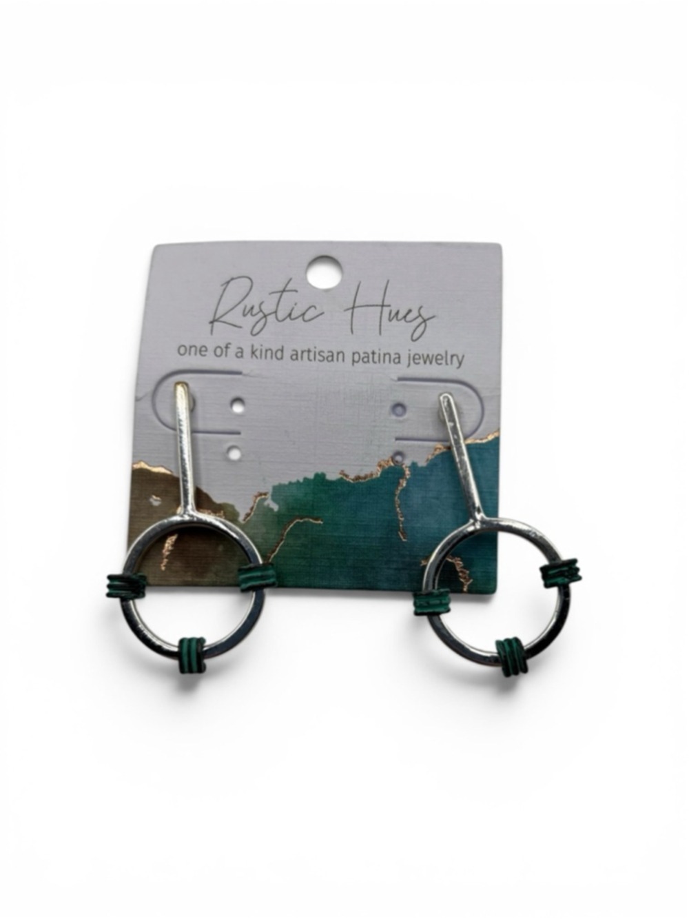 Rustic Hues Artisan Patina Hoop Earrings Silver Tone Green Wrap Minimalist Dangl - Picture 2 of 3